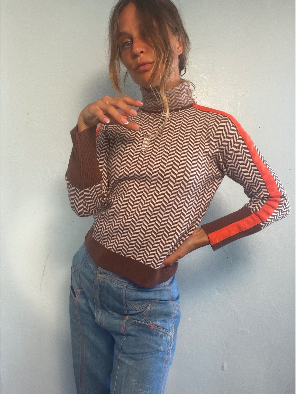 Brown and Cream Patterned Turtleneck Sweater with Orange Stripe Detail